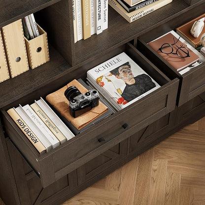 HOSTACK 71" Tall Bookcase with Drawer and Door, 47" Wide Book Shelf and Bookcase with Storage, 6 Tier Large Book Storage Cabinet with 14" Deep Display Shelves for Living Room, Home Office, Dark Brown