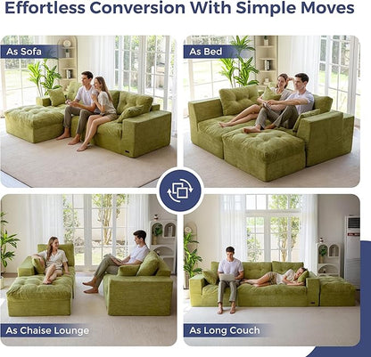 MAXYOYO 104" L Shaped Modular Sectional Sofa with Ottoman, Cloud Boneless Couch with Layered Cushion, Upholstered Sofa in a Box, Flexible Module Combination for Living Room, No Assembly, Green