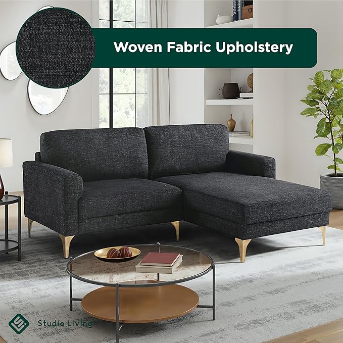 Studio Living® Matthew 83.5" Sofa Chaise, Mid-Century Modern, Pocket Coil Comfort, Reversable Chaise, Metal Brushed Bronze Legs, Chenille Fabric, Black