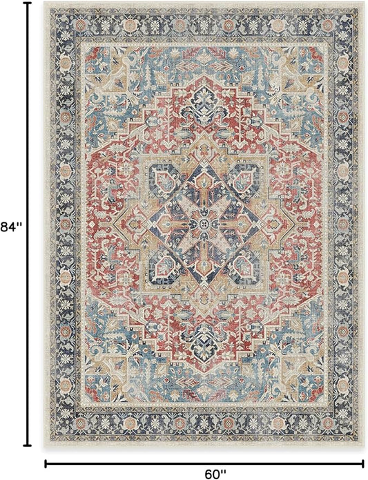 RUGGABLE Washable Vintage Area Rug – Kamran Cayenne Red 5x7, Stain-Resistant, Non-Slip – Medium Machine Washable Rugs for Living Room, Bedroom, Hallway, Entryway & Office–with Standard Pad