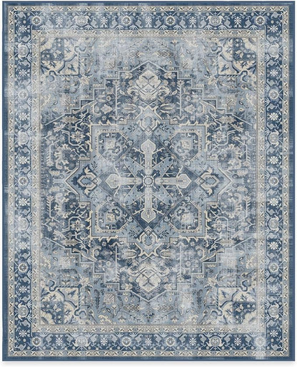 RUGGABLE Washable Area Rug – Kamran Admiral Blue 8x10, Stain-Resistant, Non-Slip – Large Machine Washable Rugs for Living Room, Bedroom, Hallway, Entryway & Office–with Cushioned Pad