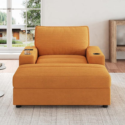 Christopher Knight Home Zoe Oversized Chaise Lounge Chair Indoor with Cup Holders & USB Charging Port, Corduroy Upholstered Sofa Bed + Ottoman with Storage, Comfy Deep Seat Sleeper Sofa Chair, Yellow