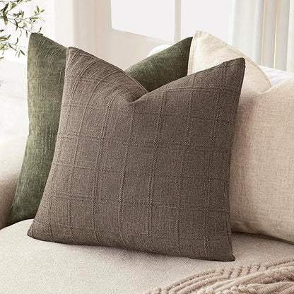 Foindtower Set of 2 Decorative Linen Check Throw Pillow Covers Neutral Farmhouse Vintage Cushion Covers Modern Boho Home Decor for Sofa Chair Couch Bedroom Living Room,24×24 Inch,Taupe Grey