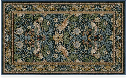 RUGGABLE x Morris & Co Washable Area Rug – Strawberry Thief Indigo 3x5, Stain-Resistant, Non-Slip – Small Machine Washable Rugs for Living Room, Bedroom, Hallway, Entryway & Office–with Cushioned Pad