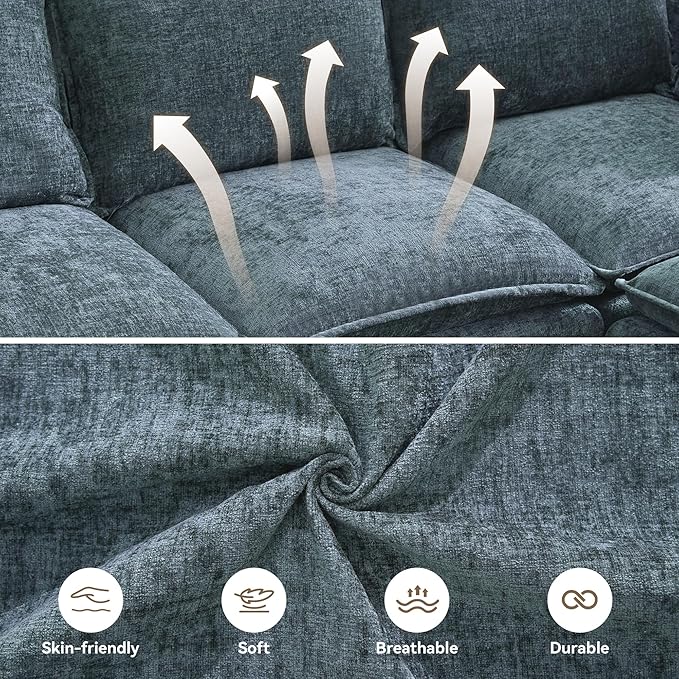 80" Cloud Modular 3 Seater Sofa with Storage Ottoman, Modern Upholstered Storage Sofa Couch Deep Seat, L Shape Sectional Sofa Chenille Comfy Couch with Armrests for Living Room, Small Space, Blue