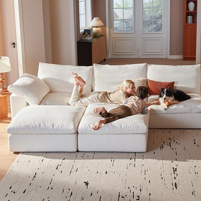 Modular Cloud Sofa, 110.2" Cloud Sectional Couches with Deep Seat, L-Shape 3-Seat Couch with Ottoman for Living Room, Modern Comfy Couch with Washable Cover, Wide Armrest (White,3 Ottomans)