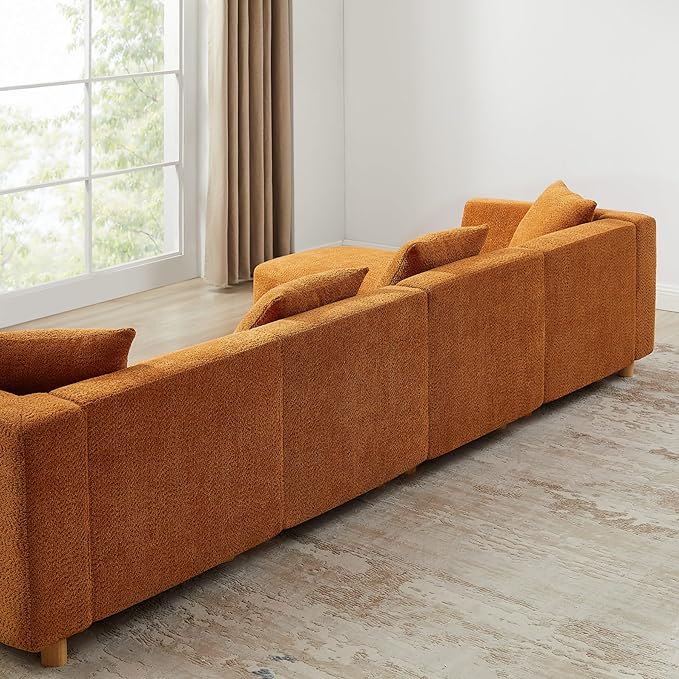 VANOMi 113" Sectional Sofa with 4 Pillows, U-Shaped 4-Seater Comfy Boucle Cloud Couch, Modern Double Chaises Lounge Sofas for Living Room, Office, Apartment (Curry-U)