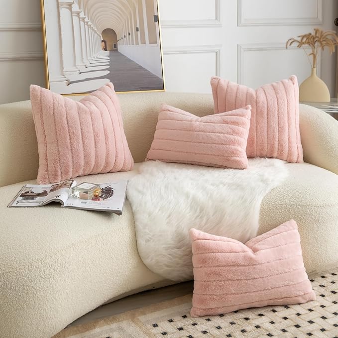Pack of 2 Faux Fur Throw Pillow Covers 22x22 Inch Striped Decorative Soft Plush Couch Pillow Case Home Decor for Bed, Sofa, Living Room Pink