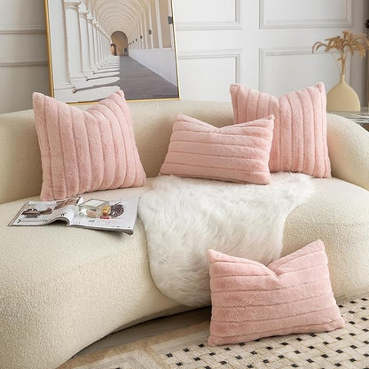 Pack of 2 Faux Fur Throw Pillow Covers 12x20 Inch Striped Decorative Soft Plush Couch Pillow Case Home Decor for Bed, Sofa, Living Room Pink