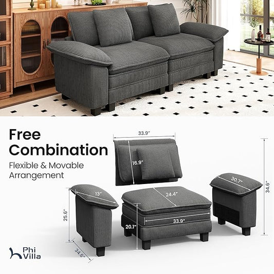 PHI VILLA Cloud Modular Couches Sets, 87.5" Sectional Loveseat Sofa with Upholstered Deep Seat, 2-Seater Comfy Couches for Living Room Bedroom, Corduroy Fabric, Grey