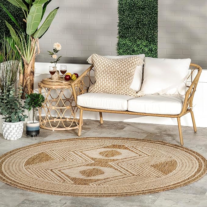 nuLOOM Ranya Light Brown/Ivory, 8' Round, Tribal Geometric, Soft and Cozy, High Traffic, Stain Resistant, Easy Clean, Durable Area Rug for Indoor/Outdoor Patio, Deck, Porch, Garden, Courtyard