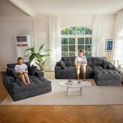 MAXYOYO Sectional Sofa Couch and Chaise Lounge, L Shaped Modern Cloud Couch with Ottoman, Comfy Sofa with Layered Cushion, Tufted Upholstered Sleeper Chair for Living Room, No Assembly Required