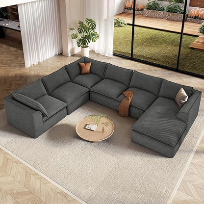 Vesgantti 141.7" Oversized Boneless Sectional Couch, Modern 7 Seater Modular Sofa with Chaise, Deep Seat Convertible Corduroy Cloud Couches for Living Room, No Assembly Required, Dark Gray