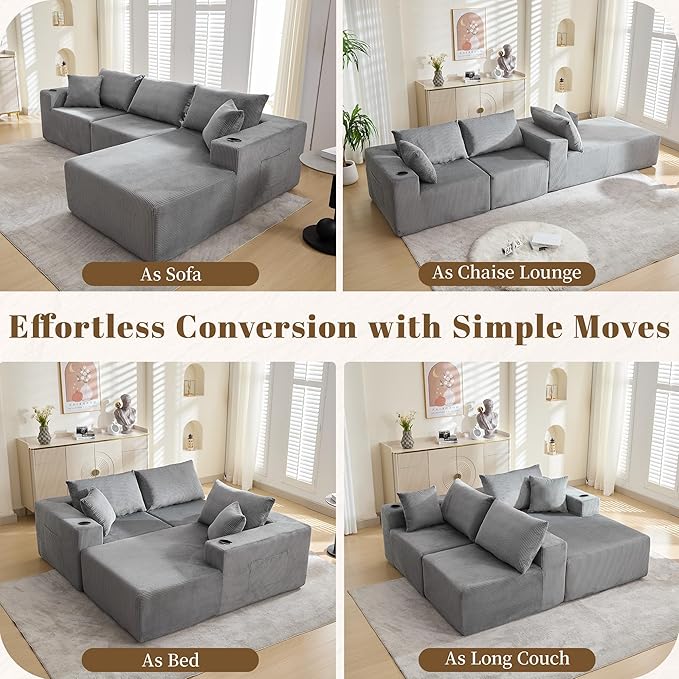 107" Cloud Sectional Couch, Modular Sectional Sofa with L-Shape Chaise, Corduroy Boneless Couch with Deep Seat, Upholstered Sofa for Living Room, No Assembly Required(Right-Facing Chaise, Dark Grey)