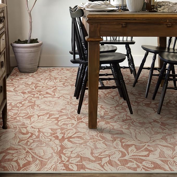 RUGGABLE x Morris & Co Washable Area Rug – Mallow Rust Red 8x10, Stain-Resistant, Non-Slip – Large Machine Washable Rugs for Living Room, Bedroom, Hallway, Entryway & Office–with Cushioned Pad