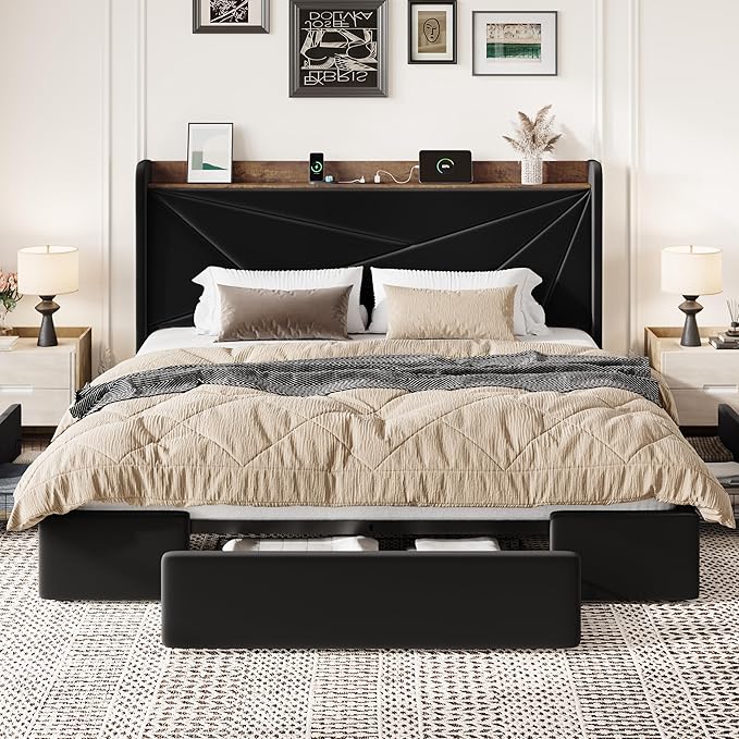 SHA CERLIN King Size Bed Frame with 3 Drawers, USB & Type-C Charging Ports, Velvet Upholstered Platform Bed with Modern Geometric Wingback Storage Headboard, No Box Spring Needed, Easy Assembly, Black