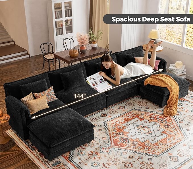 ELUCHANG 150" Modular Sectional Sofa, Comfy Deep Seat Cloud Couch, 6 Seater U Shaped Modern Sofa with Removable Cover for Living Room, Apartment, DIY Combination, Chenille Black