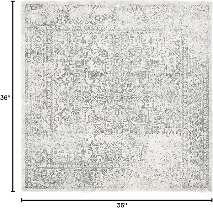 SAFAVIEH Evoke Collection Area Rug - 3' Square, Ivory & Grey, Distressed Design, Non-Shedding & Easy to Clean, Ideal for Foyer, Bedroom, Accent Space (EVK256F)