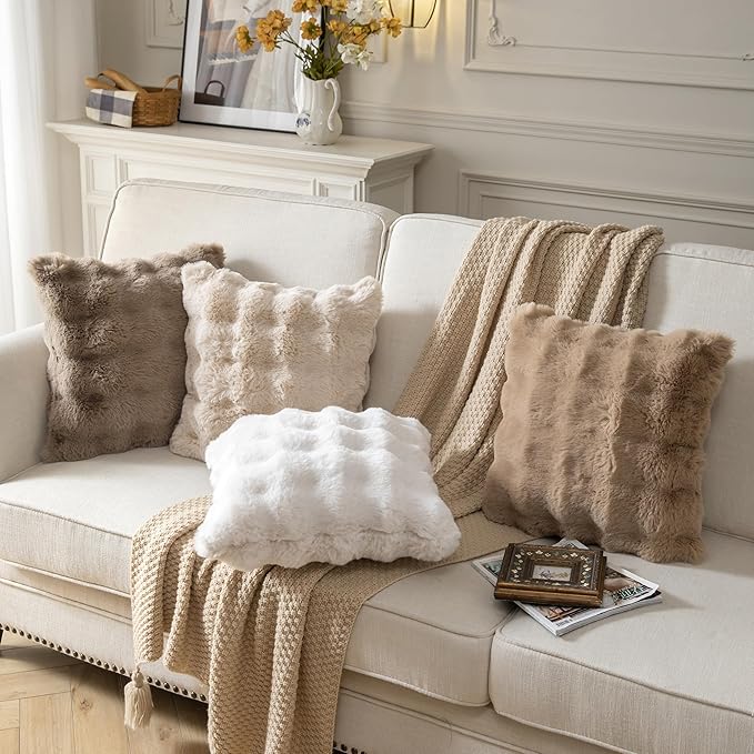 Pack of 2 Thick Plush Throw Pillow Covers Fluffy Wave Faux Fur Decorative Cushion Covers Soft Wool Pillowcase for Sofa Couch Livingroom 24x24 Inch Taupe