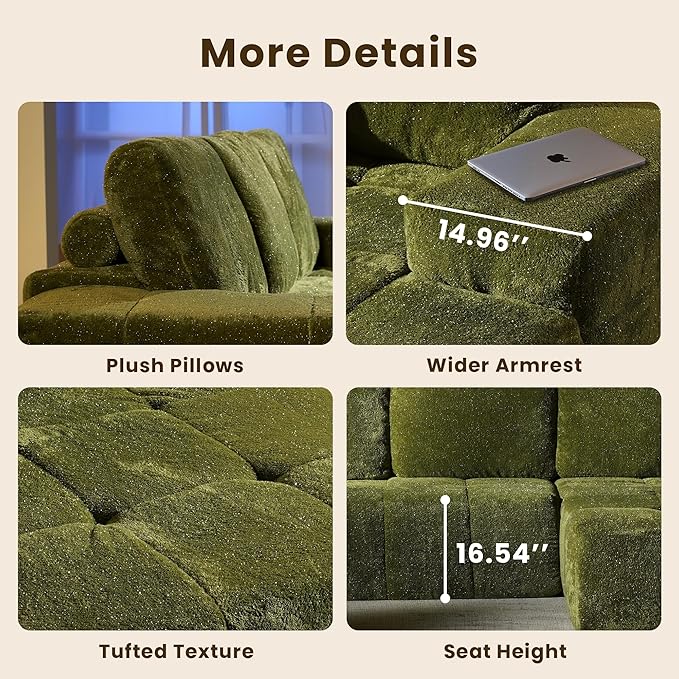 114" Glitter Cloud Sectional Couch with L-Shape Chaise, Modern Boneless Couches for Living Room Christmas Party, Fluffy Tufted Deep Seat Modular Sofa in a Box No Assembly
