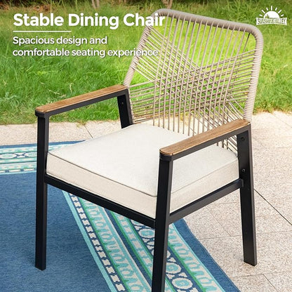 Patio Dining Chairs Set of 6, Heavy-Duty Woven Rope Outdoor Chairs with Waterproof Cushion and Wrought Iron Frame, All-Weather Outside Seating for Kitchen Garden Deck Backyard