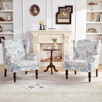 HUIMO Living Room Chair Upholstered High Back Armchair Retro Printed Wingback Chair in Linen for Bedroom & Study Comfy Accent Sofa Chair Reading Chair Holds 300lbs (Navy Blue) (2, Blue Floral-2PCS)