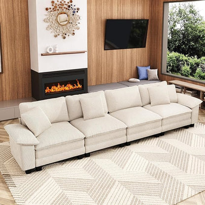 157.5" Cloud Modular Sectional Sofa, 4-Seater w/Deep Seat & Removable Arms, Plush Corduroy for Living Room - Beige