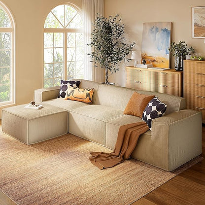 Marsail Modular Sectional Sofa, 111" L-Shaped Modular Sectional Couch with Deep Seat, Freely Combinable Sectional Clound Sofa for Living Room, No Assembly, Plush Corduroy Fabric, White