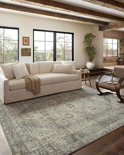 Loloi Magnolia Home by Joanna Gaines Sinclair Collection SIN-04 Natural/Sage 7'-6" x 9'-6", .25" Pile Height, Machine Washable, Area Rug