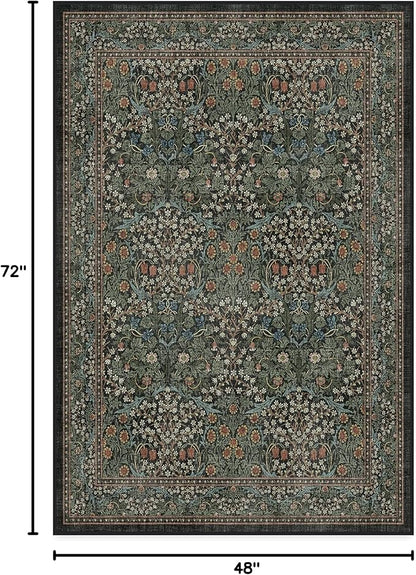 RUGGABLE x Morris & Co Washable Area Rug– Blackthorn Forest Green 4x6, Stain-Resistant, Non-Slip – Medium Machine Washable Rugs for Living Room, Bedroom, Hallway, Entryway & Office–with Cushioned Pad