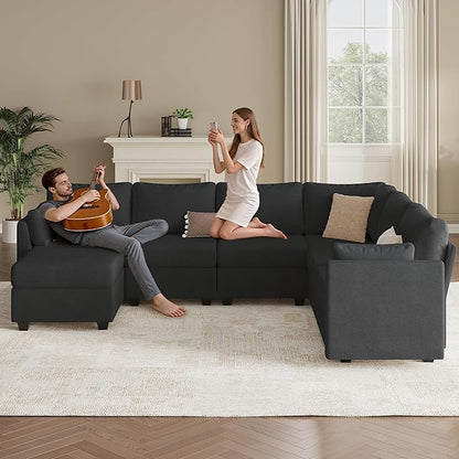 Modular Sectional Sofa Couches, Large Convertible Modular Couches with Storage, 7-Seater Sectional Sofa for Living Room, U Shaped Sectional Couch Sleeper Sofa with Chaise (Black, 7 Seats)