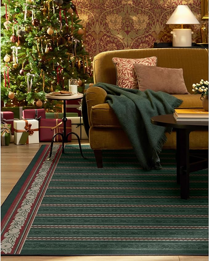 RUGGABLE x Morris & Co Machine Washable Christmas Area Rug– Fruit Stripe Spruce Green 6x9, Stain-Resistant, Non-Slip–Medium Rugs for Living Room, Bedroom, Hallway, Entryway & Office–with Standard Pad