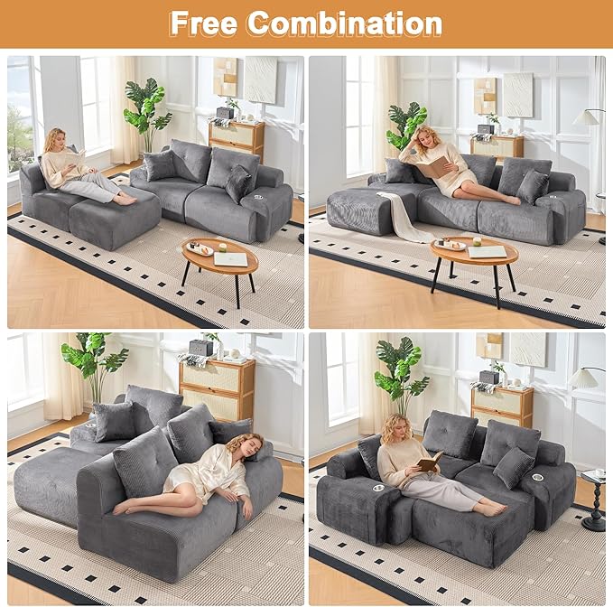 118" Modular Sectional Sofa, Cloud Sectional Couch with Deep Seat, Modern Modular Sofa with L Shaped Comfy Cloud Upholstered Boneless Couches for Living Room Bedroom, Grey