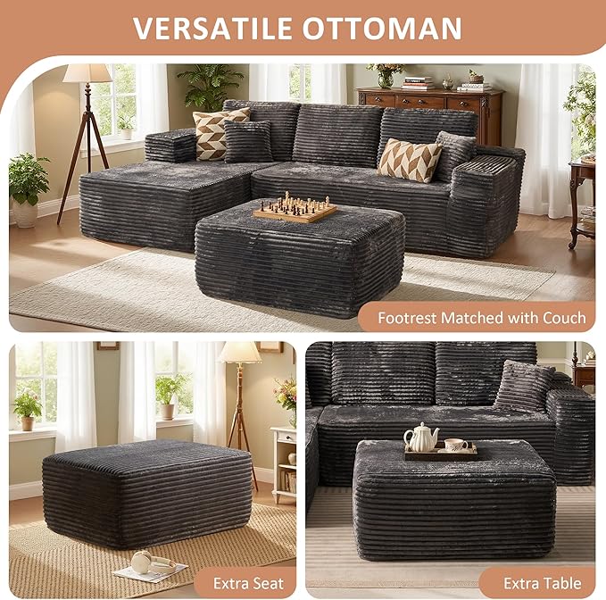 37.1" Ottoman for Couch, Plush Corduroy Memory Foam Ottoman Cloud Boneless Sectional Couch for Living Room Foot Stools No Assembly Require, Plush Corduroy,Gray
