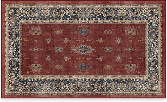RUGGABLE Washable Vintage Area Rug – Verena Amber Red 3x5, Stain-Resistant, Non-Slip – Small Machine Washable Rugs for Living Room, Bedroom, Hallway, Entryway & Office–with Cushioned Pad