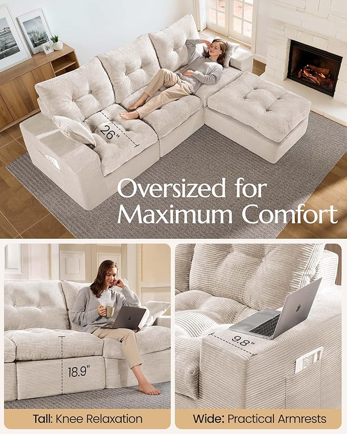 High Back Boneless Couch, Loveseat Cloud Couch with Versatile 2-Pack Pillow Blankets, Corduroy Modular Sectional Sofa, No Assemble Sectional Couches for Living Room, Warm White