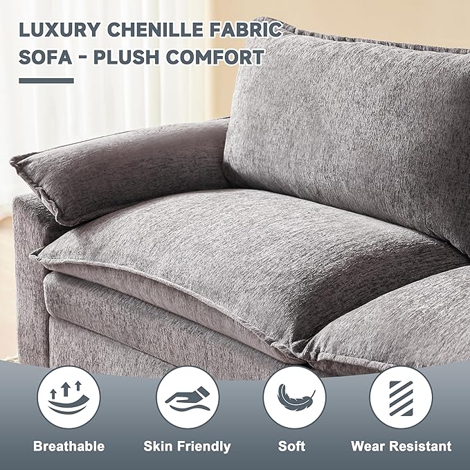 114 Inch Modular Couch Sectionals with Ottoman, Big Comfy Cloud Couches, L Shaped 4 Seat Modular Sectional Sofa, Modern Cloud Sectional Couches for Living Room, Deep Seat Comfy Sofa, Grey