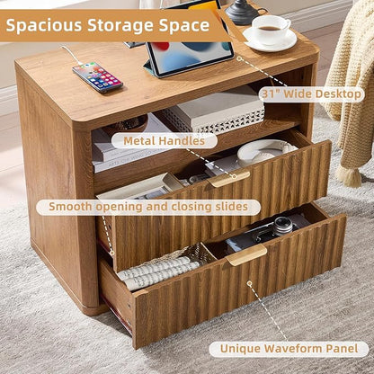 LEYAOYAO 31" Wide Fluted Nightstand Set of 2 with Charging Station, Oversized Extra Large 2 Drawers Night Stand,Brown Wood Bedside Table,Tall End Tables,Modern Chest of Drawers Dressers for Bedroom