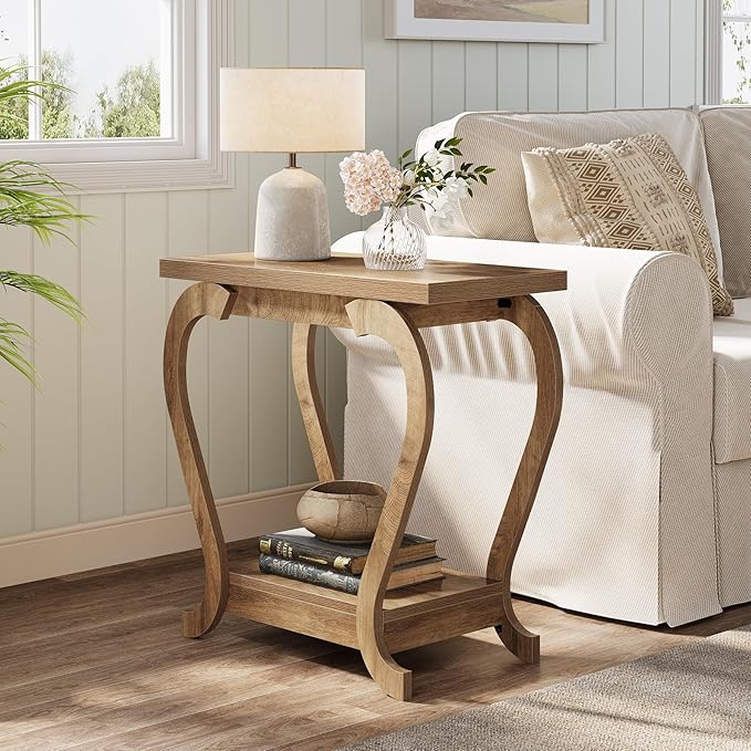 Tribesigns End Table, Narrow Wood Side Table with Storage Shelves, 2-Tier Bedside Accent Furniture for Living Room, Small Spaces, Bedroom, Brown (1, Brown)