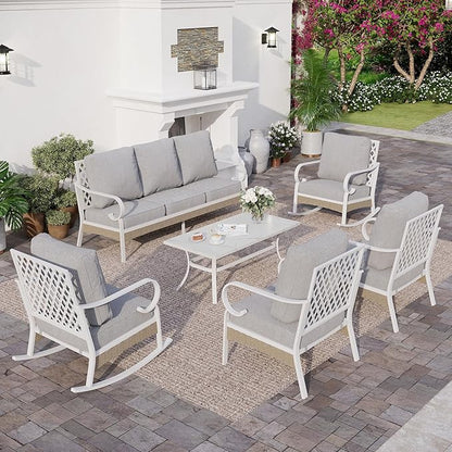 6 PCS Metal Outdoor Patio Furniture Set, Patio Conversation Set 1 3-Seater Couch, 2 Fixed Sofa, 2 Rocking Sofa with 5.75" Thick Cushion and Coffee Table White Backyard Furniture, Gray