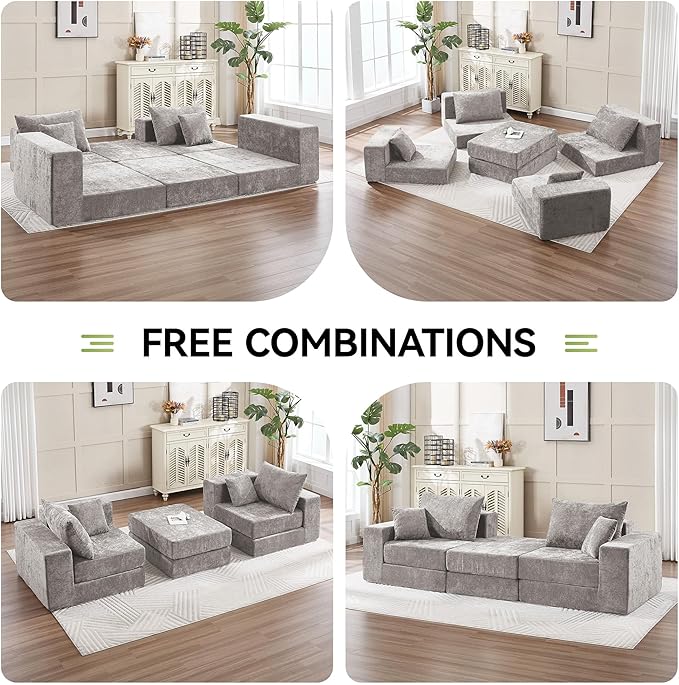 79" Boneless Loveseat Sofa Couch, Modular Foldable Floor Cloud Sofa with Ottoman, Lounge Convertible Sofa Bed for Living Room, No Assembly, Chenille Light Grey