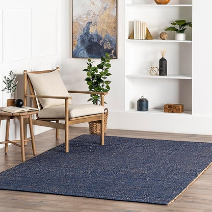 nuLOOM 6x9 Elfriede Jute & Cotton Hand Woven Area Rug, Blue, Solid Rustic Farmhouse Style, Weaved Design, Natural Fiber, For Bedroom, Living Room, Dining Room, Hallway, Office, Entryway