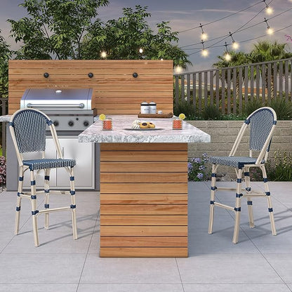 PURPLE LEAF French Counter Height Bar Stool Set of 4 25" White Print Finish Patio Bar Chairs with Back Rattan Bar Chairs French Bistro Set for Kitchen Outdoor Counter Stool Royal Blue