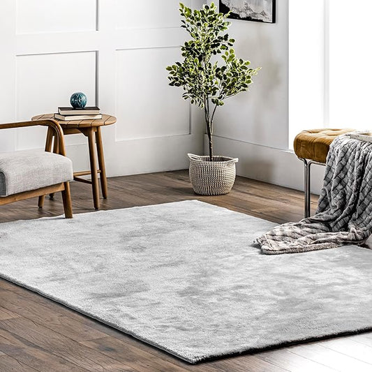 nuLOOM 6' Square Cozy Plush Area Rug, Machine Washable, Non-Slip, Soft Fluffy Shag Carpet for Living Room Bedroom Kids Room Nursery Home Decor, Loni Light Grey