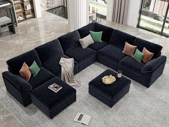 EASE MOOSE Oversized U Shape Sectional Couch Wide Deep seat Modular Cloud Sofa,FSC Certified Comfortable Chenille Blue Cloud Couch sectional Sofa