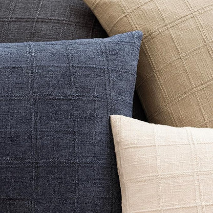 Foindtower Set of 2 Decorative Linen Check Throw Pillow Covers Neutral Farmhouse Vintage Cushion Covers Modern Boho Home Decor for Sofa Chair Couch Bedroom Living Room,26×26 Inch,Navy Blue