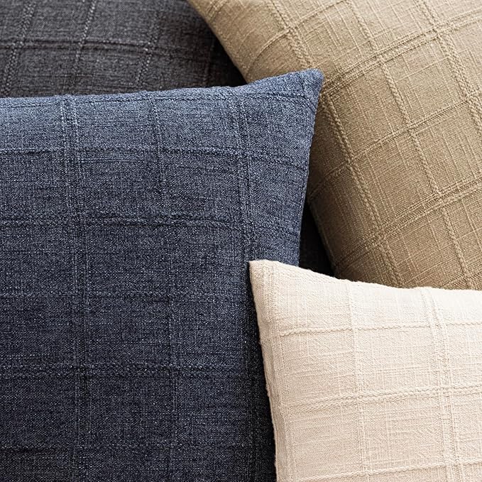 Foindtower Set of 2 Decorative Linen Check Throw Pillow Covers Neutral Farmhouse Lumbar Cushion Covers Modern Boho Home Decor for Sofa Chair Couch Bedroom Living Room,12×20 Inch,Navy Blue