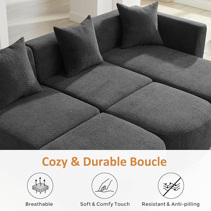 VANOMi 109.84" Modular Sectional Sofa with 3 Pillows, Convertible 5-Seater Comfy Boucle Cloud Couch with Ottoman, Modern Sectional Sofas for Living Room, Office, Apartment (Dark Gray)