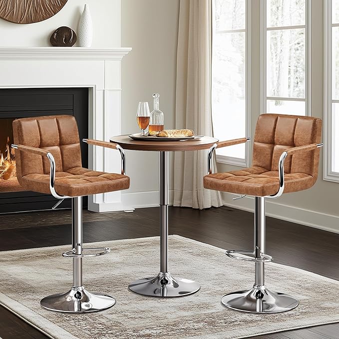 Yaheetech Bar Stools Set of 2, PU Leather Adjustable Swivel Barstools, Hydraulic Kitchen Counter Height Bar Chairs with Armrest and Back for Kitchen, Dining Room, Retro Brown