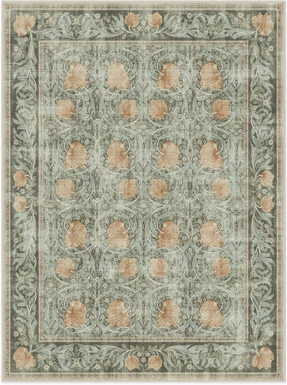 RUGGABLE x Morris & Co Washable Area Rug – Pimpernel Vintage Green 9x12, Stain-Resistant, Non-Slip – Large Machine Washable Rugs for Living Room, Bedroom, Hallway, Entryway & Office–with Standard Pad